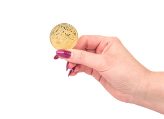 Fototapeta premium Gold coin bitcoin in hand