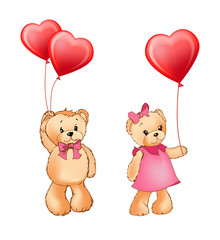Teddy Bear Couple and Balloons Vector Illustration