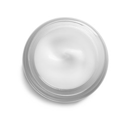 Jar with hand cream on white background