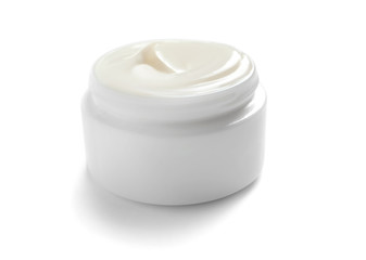 Jar with hand cream on white background