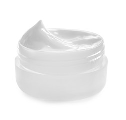 Jar with hand cream on white background