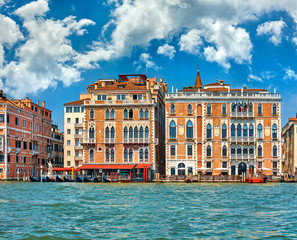 Venice old houses on Grand Canal with boats. Urban landscape