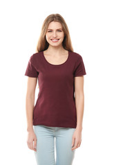 Young woman in stylish t-shirt on white background. Mockup for design