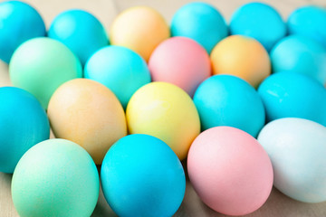 Colorful Easter eggs as background, closeup