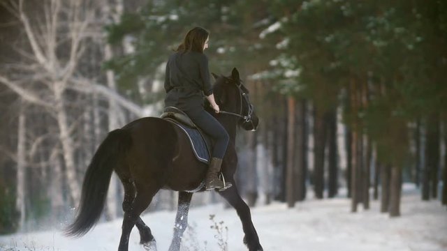 Beautiful longhaired woman riding a black horse through the deep snow in the forest, independent stallion prancing