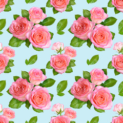 Seamless Background.Pink roses on blue