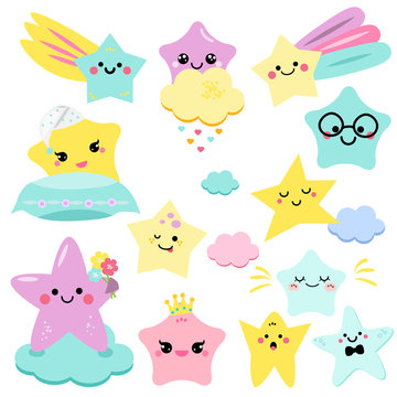 Cute stars vector illustration for kids. isolated design children. baby shower stars, design elements in kawaii style