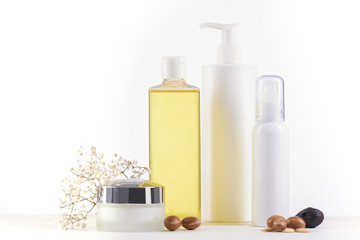 Argan products on white background