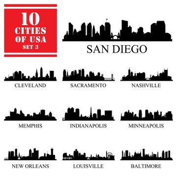 10 cities of United States of America #3, detailed isolated silhouettes.
