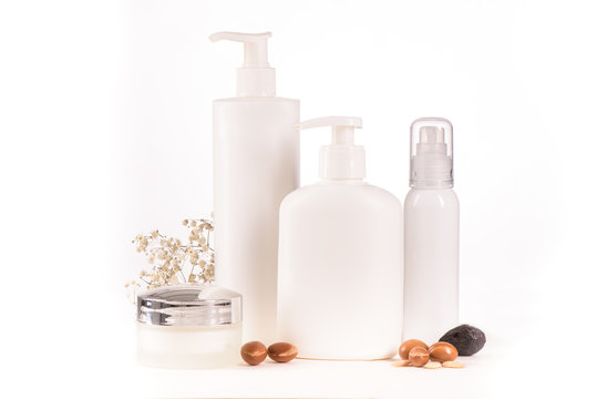 Argan products on white background