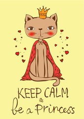 Vector card with cute cat and hand drawn funny cat text.