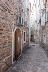 Streets and buildings of the old town of Budva. Montenegro. 