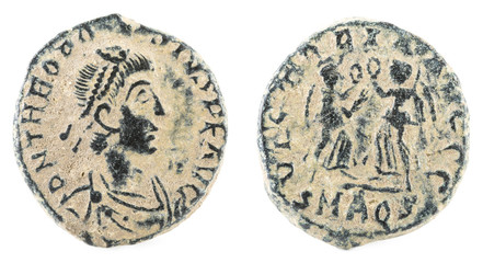 Ancient Roman copper coin of Emperor Theodosius.