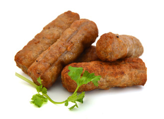 Cooked sausages arranged in a row,