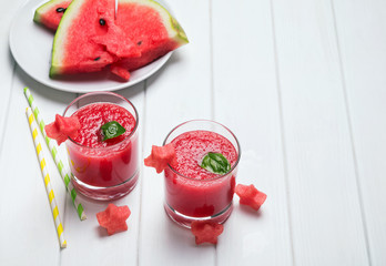 Two glasses with delicious refreshing watermelon smoothie