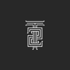 Hipster initials T2 logo, combination letter T number 2 linear black and white minimal style