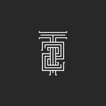 Hipster initials T2 logo, combination letter T number 2 linear black and white minimal style