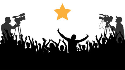 Cheering crowd people concert, party. Applause sports fans. Cameraman shoots a celebrity. Isolated background silhouette vector. A merry crowd of friends rejoice and applaud the star idol. © nosyrevy