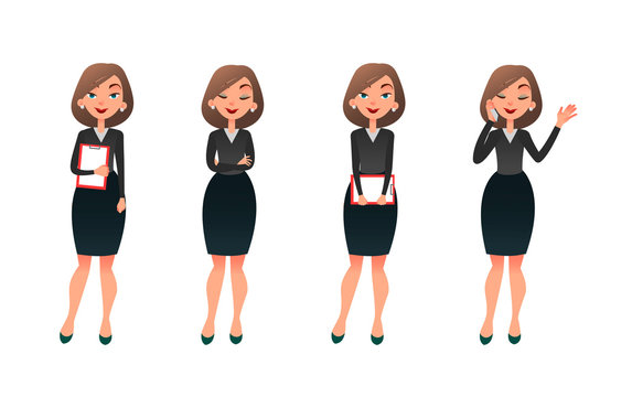 Set character businesswoman in various poses. Cartoon vector secretary or teacher on different working situations. Smiling business woman flat character on a white background