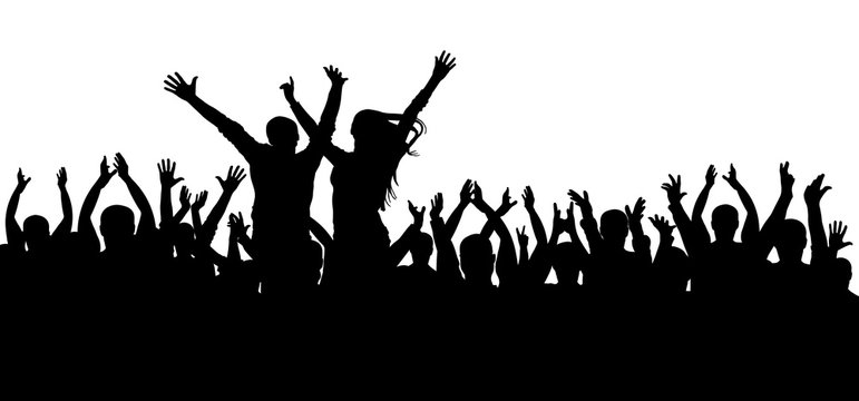 Concert disco, dancing crowd silhouette, cheerful people