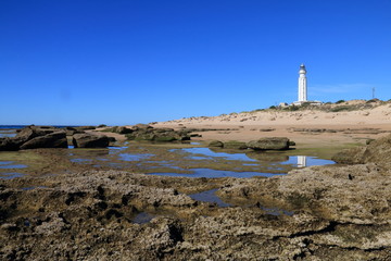 Fototapeta na wymiar Trafalgar lighthouse, between the beaches of El Palmar and Los Canos de Meca, in the province of Cadiz, southern Spain