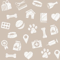 Pet products, seamless pattern, shading pencil, gray, vector. The goods for Pets. Veterinary care. Color, flat background. Vector, seamless pattern.  