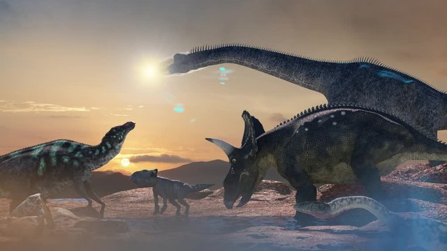 Dinosaurs And Meteorite Falls Render 3D