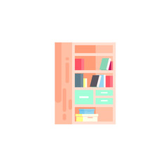 Vector isolated illustration icon furniture bookcase books on shelves, drawers flat style