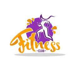 Fitness Club Logo, Vector Woman Doing Sport  With Lettering Composition