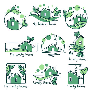 my lovely home, vector set of ecological homes, green leaves hand drawn lettering  and trees for your logo signs and icons