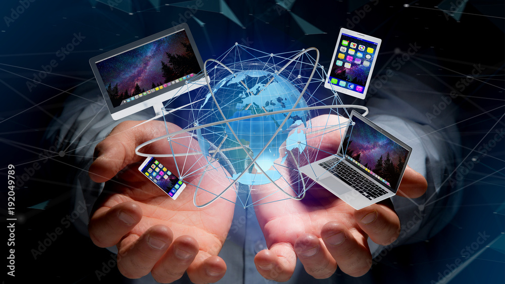Poster businessman holding a computer and devices displayed on a futuristic interface with international ne