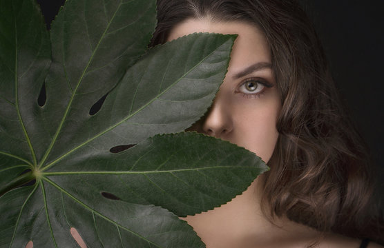 Caucasian woman hiding behind green leaf