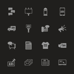 Advertisement icons - Gray symbol on black background. Simple illustration. Flat Vector Icon.