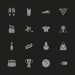 Bowling icons - Gray symbol on black background. Simple illustration. Flat Vector Icon.
