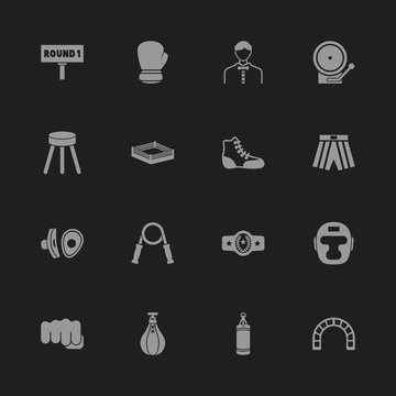 Boxing and Fighting icons - Gray symbol on black background. Simple illustration. Flat Vector Icon.
