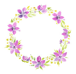 watercolor illustration, garland purple bright flowers, green leaves