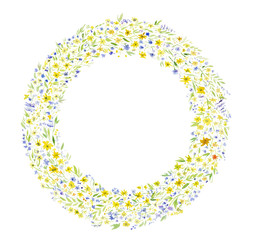 watercolor illustration, wreath small flowers yellow, blue, leaves and branches, tender, exquisite