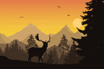 Vector illustration of mountain landscape with forest and deer under sky with clouds and flying birds