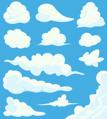 Cartoon Clouds Set On Blue Sky Background. Illustration of a collection of various vector cartoon clouds on a blue sky background, white cloud illustration