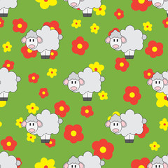 Flat line color vector seamless pattern cute animal for baby products - sheep. Cartoon style. Childrens doodle. Flowers. Newborn. Vector illustration, element for your design, wallpaper. Kids. Farm.