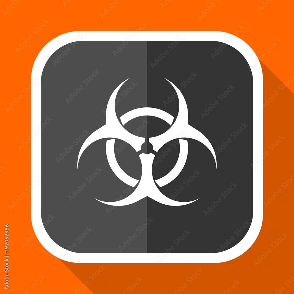 Aufkleber Biohazard vector icon. Flat design square internet gray button on orange background.