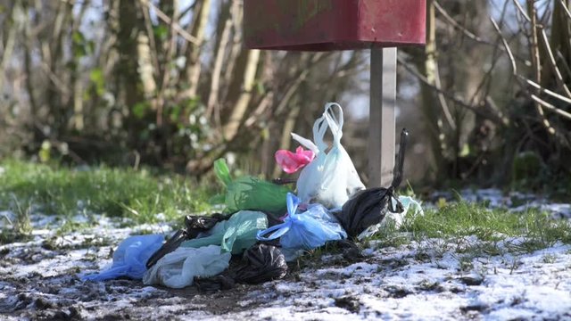 Plastic dog faces bags left at the foot of a dog excrement bin that is full.