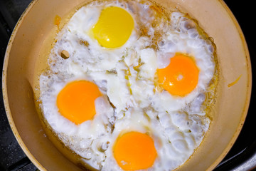 eggs are fried in a frying pan