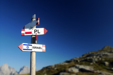 Polish and Israeli flags on mountain road sign. Differences in relationships and policy concept.
