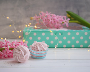 Russian Zephyr or marshmallow on the white background with pink hyacinth