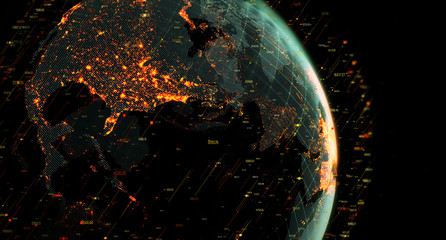 Global International Connectivity Background/Connection lines Around Earth Globe, Blockchain network concept. Futuristic Technology Theme Background with Light Effect