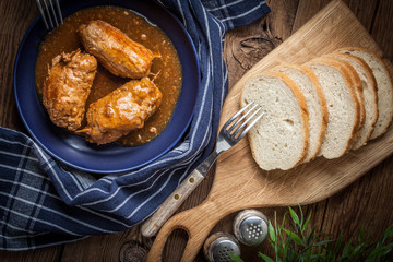 Tasty roulades beef on plate.
