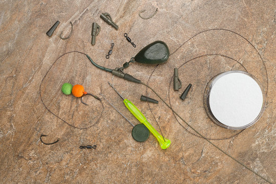 Baits, hooks, sinkers, ledcor is preparing for carp fishing. Copy paste