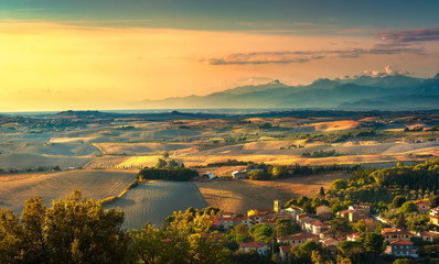 Pomaia, tuscany countryside panorama, rolling hills and fields on sunset. Pisa, Italy