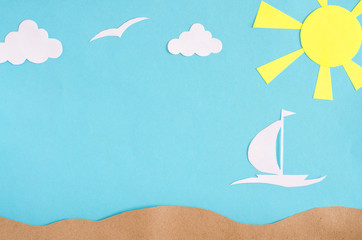 Fototapeta na wymiar Summer background with sailboat sailing in the sea. Paper cut.